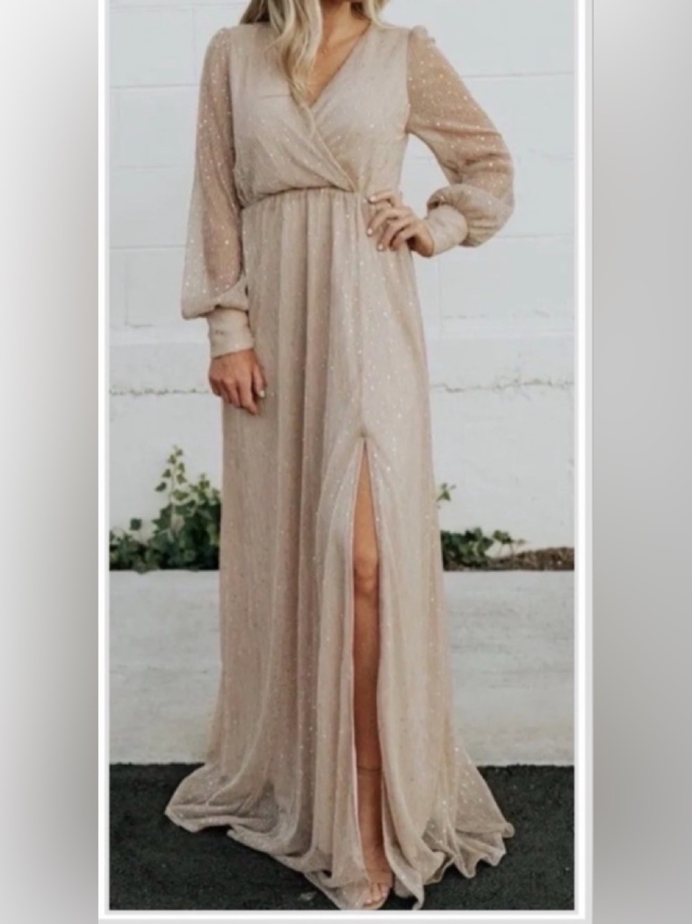 Baltic Born Abigail Champagne Beige Sparkly Slit Long Sleeve Maxi Dress Large